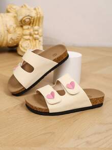 Girls' Double Hook & Loop Heart-Shaped Sandals, Soft Cork Arch Support, Non-Slip Flat Bottom Slippers, Summer Outdoor Casual Slides, Adjustable Strap Soft Sole Indoor/Outdoor Beach Flip-Flops - Apricot - View 2