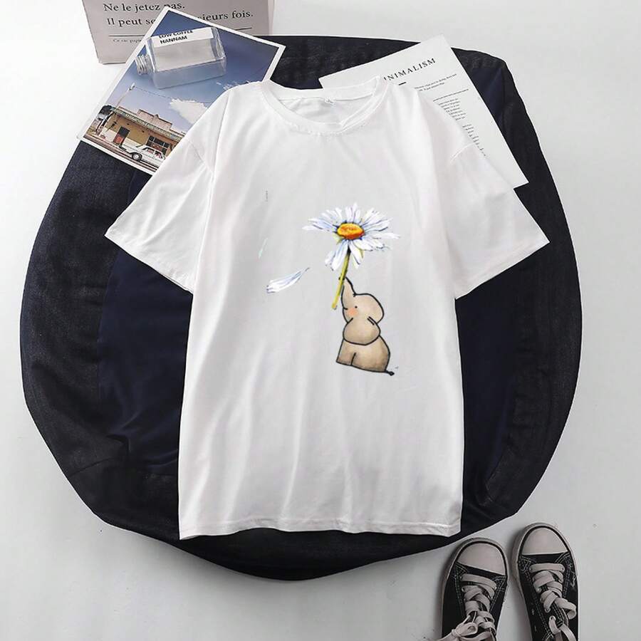 In-Stock Cross-Border2021Spring And Summer New Style Loose Round-Neck Floral Print Short Sleeves T Women's T-Shirts For Dropshipping - 白色3 - 查看 1