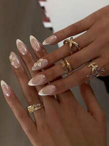 24pcs French Medium Almond Shape Press-On Nails Set, Minimalist White 3D Flower Aurora White, Casual Elegant Vintage Street Style, Suitable For Girls And Women's Daily Manicure Fake Nails Set - White - View 9