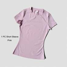 Women's Sports Yoga Set Seamless Knitted Fitness Gym Clothes Sportswear Short Sleeve Crop Top Tracksuits Gym Short Leggings - Pink - View 3