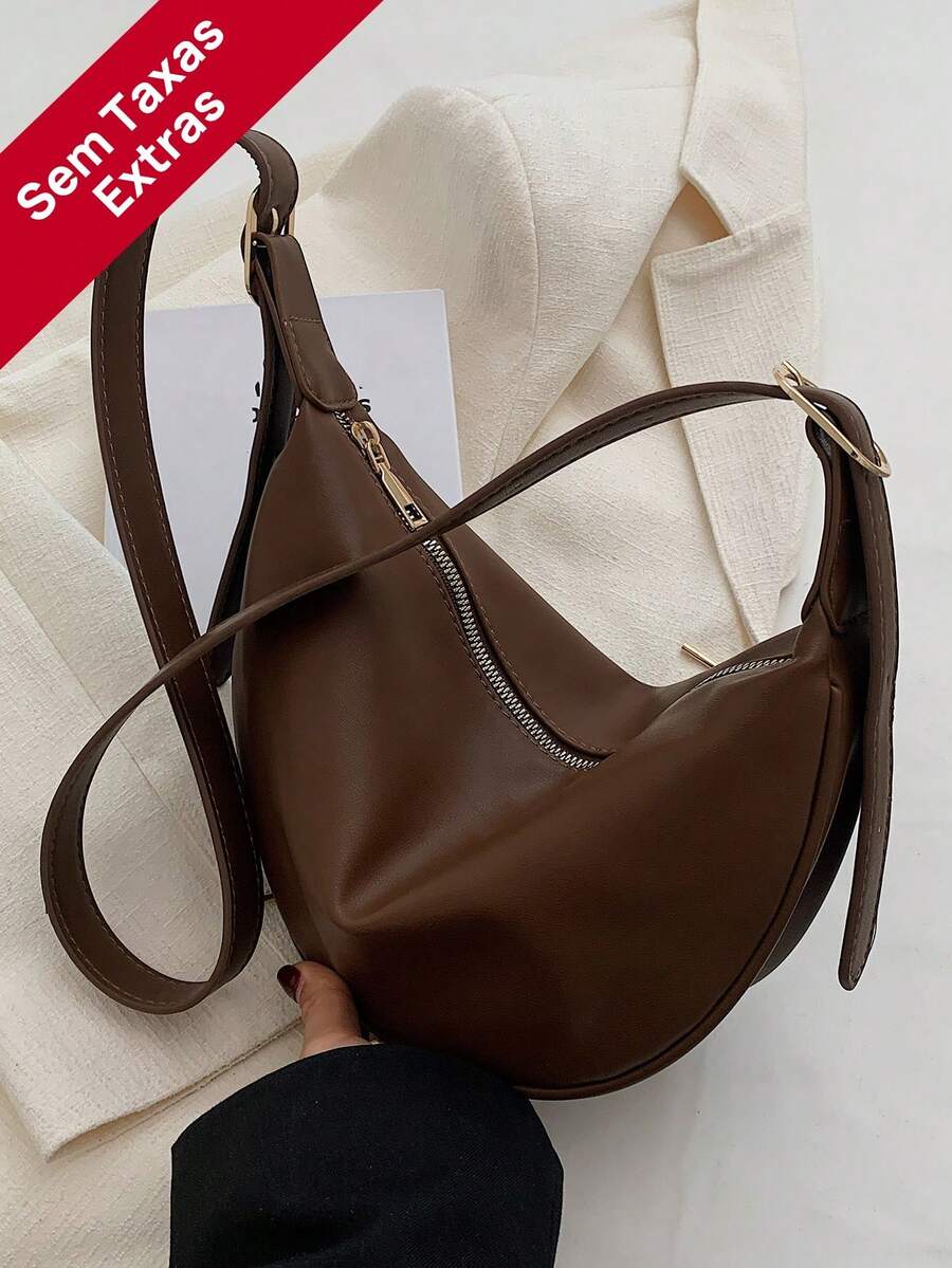 Versatile, Casual, Minimalist Solid-Colored Crossbody Bag With Zipper Closure And Large Capacity For Everyday Use. - 棕色 - 查看 1