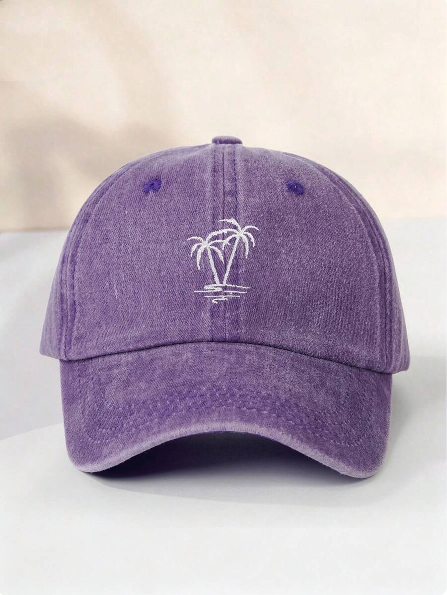 1pc/2pcs Unisex Y2K Style Embroidered Palm Tree Washed Baseball Cap, Outdoor Sun Protection Hat Suitable For Outdoor Sports, Sunshade And Daily Commute - Purple - View 1