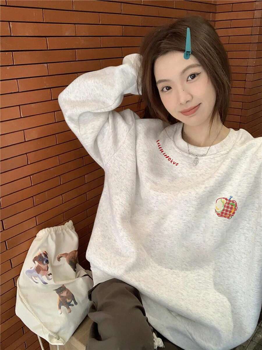 美式慵懶風白色與灰色圓領運動衫 女款 2026年秋季 寬鬆薄款無帽上衣 休閒 - 花灰色 - 查看 1