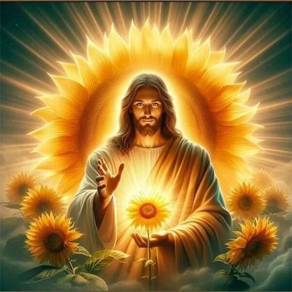 1PC | 5D DIY Diamond Painting | Jesus And Sunflower Pattern Diamond Painting Kit, Round Full Drill Mosaic Craft Set, High Definition Art Diamond Painting, Focus And Relax Through DIY, Suitable For Living Room, Bedroom, Office Wall Decor, Surprise Holiday Home Decor Gift For Family And Friends, Unframed