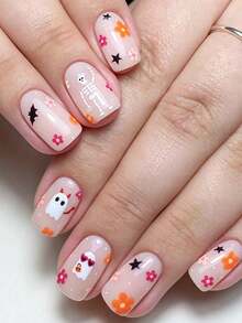24pcs Halloween Design Classic Elegant White Skeleton Orange Pink Flower Ghost Striped French Glossy Bright White Fake Nails Fashion Versatile Wearable Nails Suitable For Dating Party Spring Summer Women And Girls Autumn Winter Daily Wear Removable Press-On Nail Set With Jelly Glue And Nail File Easy To Wear And Durable Jelly Glue Randomly Shipped - Multicolor - View 3