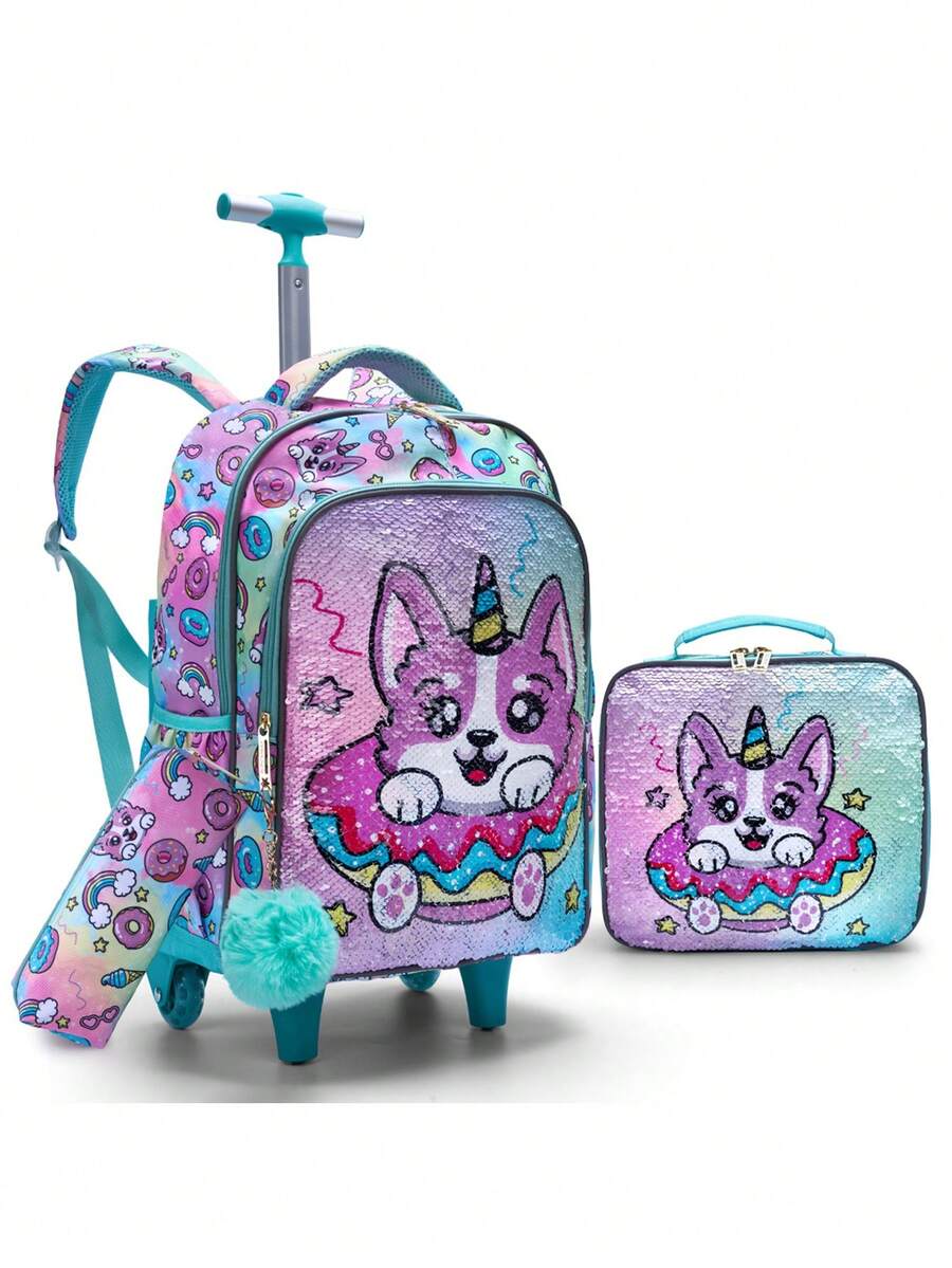 BLING BABIES 3PCS Teens Wheeled Travel Bag, Double-Sided Green Cartoon Puppy Sequins Design Bookbag For Students, With Handbag And Pen Bag Nighttime Reflective