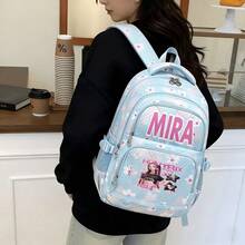 Miniso 大容量學生後背包 多隔層 淺藍色櫻花人字紋拼布印花 大粉色字體角色星星框架愛心圖案 適合上學旅行 - 藍色 - 查看 3