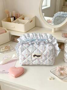 Cute Strawberry Flower Quilted Makeup Bag With Lotus Leaf Edge Zipper Makeup Bag Large Capacity Travel Toilet Bag Multi Functional Storage Bag Pen Bag - Multicolor - View 4