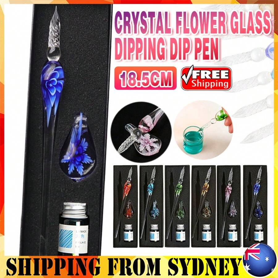 Aimall Glass Dip Pen Set Crystal Flower Calligraphy Fountain Writing Dipping Pen Gift Pack Ink Signature - Glass Dip Pen Set Crystal Flow - View 1