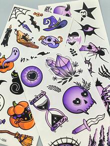 4pcs Purple Gothic Halloween Temporary Tattoo Sticker Set, Scary Witch, Skull, Bat & Crystal Tattoo Stickers, Waterproof Temporary Tattoos For Halloween Party & Cosplay - Multicolor - View 9