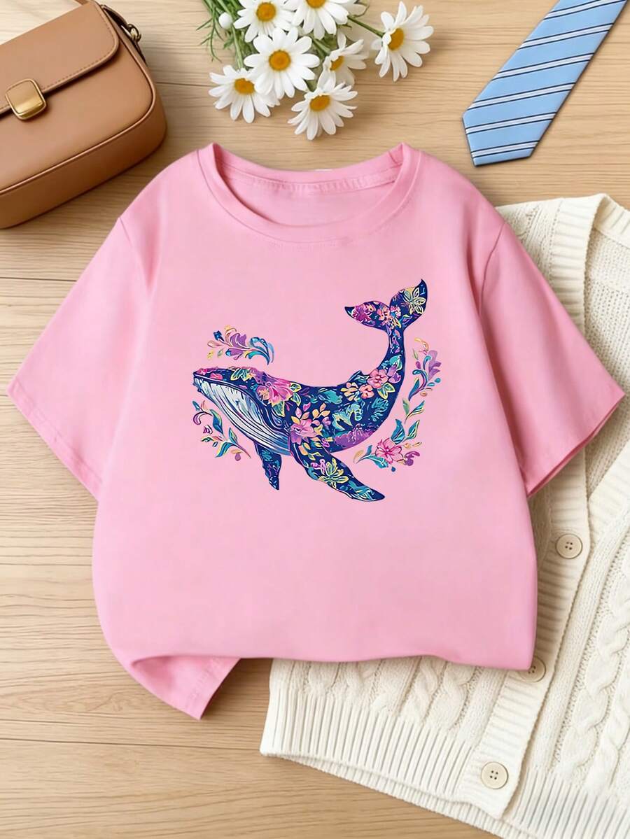 Mädchen-Kurzarm-T-Shirt/Blumen-Wal-Druck/Aus 95 % Material/Perfekt für den Sommer/Atmungsaktives Ozean-Thema, Sommeroberteil, Leicht zu kombinieren - Pink - Übersicht 1