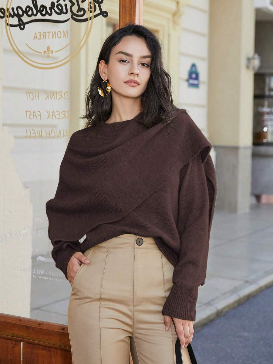 Women's Casual Versatile Core-Spun Yarn Long Sleeve Crossover Tie Pullover, Batwing Sleeve Shawl Sweater Elegant Design Knit Top, Spring Outfits Fall - Coffee Brown - View 1