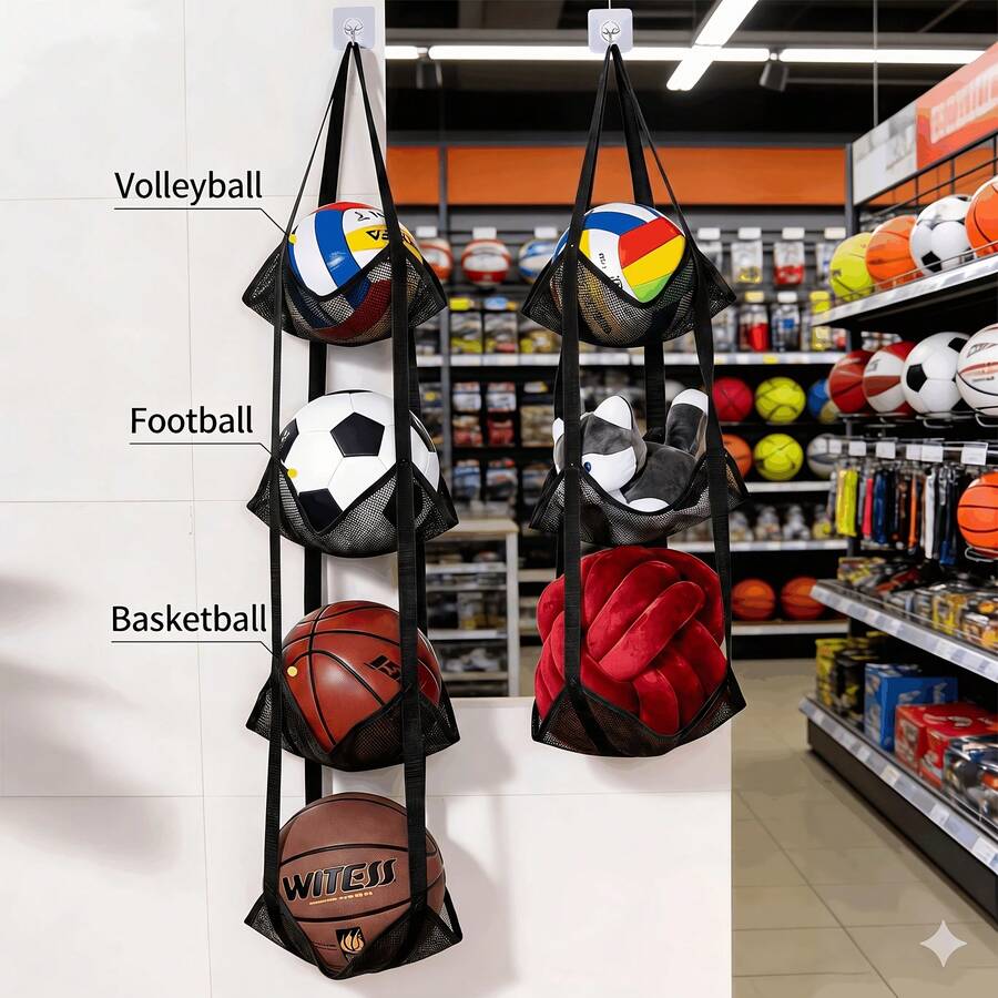 3/4 Layer Wall-Mounted Ball Storage Bag, Universal For Multiple Ball Types, Made Of Tear-Resistant Nylon Mesh, Durable Load-Bearing, No-Drill Door-Back/Corner Dual-Use, Sports Equipment And Bedroom Toy Organizer, Ultimate Space-Saving - Multicolor - View 1