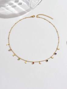1 Stück modische Edelstahl Mond Anhänger Halskette, 18K vergoldet mit farbigen Zirkonia-Einlagen, minimalistischer vielseitiger Multi-Anhänger Schmuck, geeignet für den täglichen Gebrauch von Frauen, als Geschenk und für den Urlaub - Gold - Übersicht 4