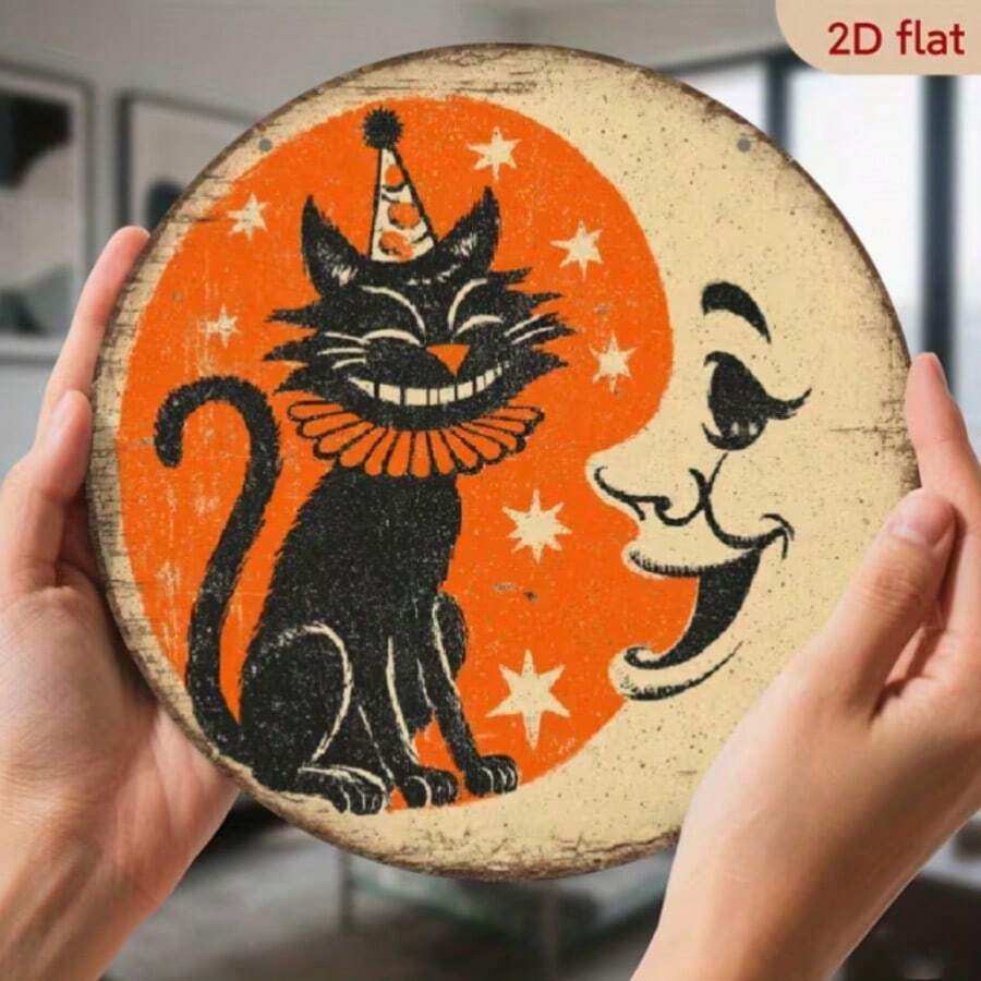 1pc Funny Cat & Moon Wooden Wall Decor - 2D Printed Wooden Decoration With Playful Party Hat And Star Design, No Electricity Required, Suitable For Home, Cafe, Office, Birthday Party Wall Decoration