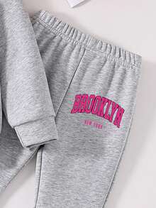 Tween Girl Letter Print Crew Neck Sweatshirt And Flare Pants Casual Set - Grey - View 5