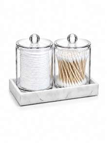 Bathroom Vanity Storage Organizer Set, PS Plastic Transparent Cotton Swab Holder With Silicone Tray, Countertop Cosmetic Storage Box, Suitable For Bathroom Sink And Vanity - Multicolor - View 1
