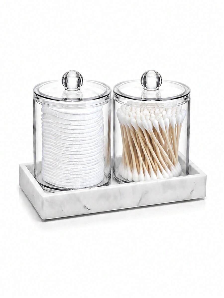 Bathroom Vanity Storage Organizer Set, PS Plastic Transparent Cotton Swab Holder With Silicone Tray, Countertop Cosmetic Storage Box, Suitable For Bathroom Sink And Vanity - Multicolor - View 1