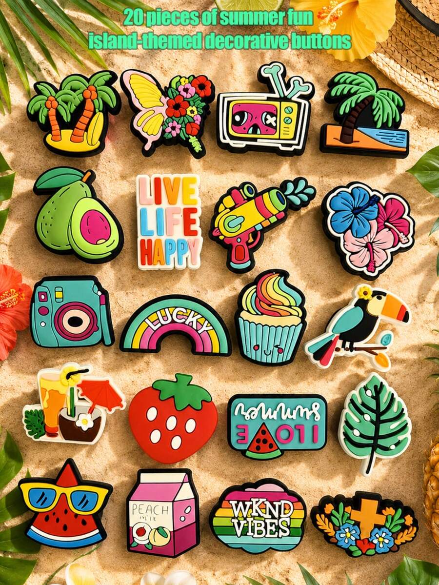 20pcs/Set Summer Island Theme Shoe Charms, Suitable For DIY Perforated Shoes, Ideal Gift For Friends
