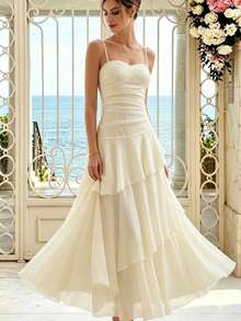 Women's Elegant Asymmetrical Ruffle Strap Dress, Versatile Design Suitable For Party, Beach, Vacation In Summer Wedding - Apricot - View 6