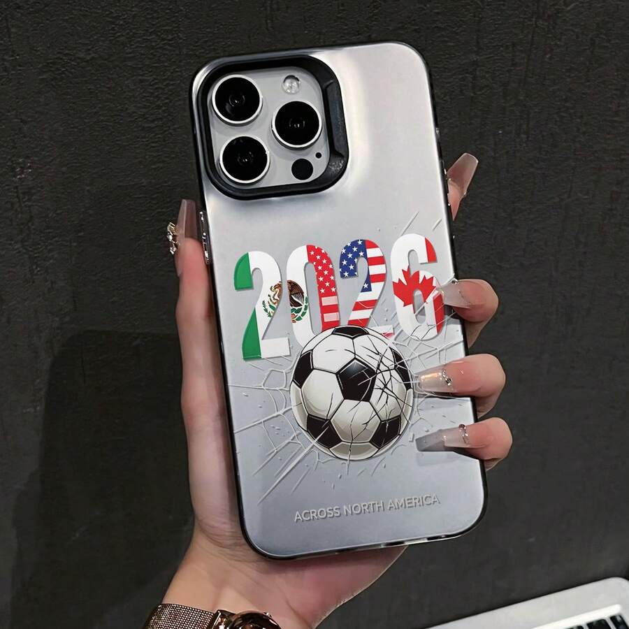 1pc 2026 USA Canada Mexico World Cup Broken Soccer Ball Full Coverage Anti-Drop Phone Case, North American Three Countries Soccer Fans Cool Unisex Matte Premium Protective Cover, Compatible With IPhone17/17Pro/17ProMax/16/11/16Plus/16ProMax/16e/15ProMax/13/14/12/14ProMax/12ProMax/13ProMax/12Pro/13Pro/14Pro - Black Frames, Matte Gray - View 1