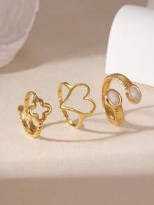 3pcs/Set Rantai Stainless Steel 14K Bentuk Hati & Manik-Manik Daun Semanggi, Cincin Terbuka, Cocok untuk Pemakaian Sehari-hari Wanita, Hadiah Hari Ibu - Emas - View 5