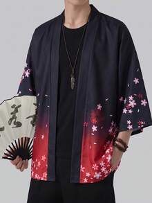 日式羽織印花和服薄款罩衫，狐狸圖案，夏季時尚休閒海灘度假罩衫，日常通勤百搭開襟上衣 - 黑色 - 查看 1
