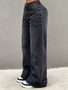 Low Waist Wide Leg Casual Black Gray Mid Line Pleated Slanted Pocket Curved Women's Jeans Spring, Summer Fall - Black - View 3
