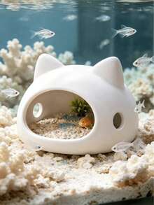 1pc White Cute Cat Shaped Fish Tank Hiding Cave, Aquarium Ornamental Fish Shelter, Cichlid Betta Shrimp Breeding House, Cartoon Aquarium Decor Ornament - View 3