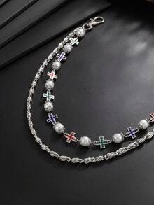 1pc Vintage Colorful Rhinestone Cross & Pearl Double Layer Pants Chain, Men's American Street Style Jeans Waist Chain - Cross Diamond Trouser Chain - View 5