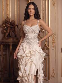Elasola New Heavy Pearl & Rhinestone Embellished Apricot Sexy Sleeveless Backless Camisole 2-Piece Dress Set, Includes Ruffle Skirt Wedding Fall - Apricot - View 4