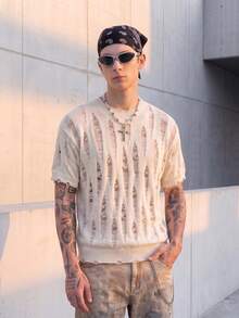 Men's Crew Neck Short Sleeve Knit Loose Fit Casual Vacation Style Solid Color Knit Top Spring Summer - Apricot - View 3