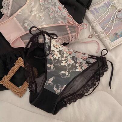 asmodee French Sexy High-Class Embroidered Low-Rise Lace Tie-Up Women's Underwear, Detachable