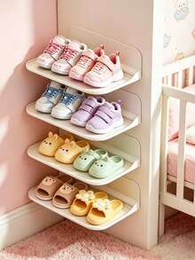 1/2pcs Baby Wall-Mounted Shoe Rack, Adhesive No-Drill Baby Shoe Storage Organizer, Minimalist Kids Room Storage Shelf - White - View 3