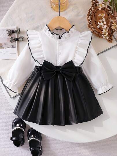 Baby Girl Spring/Autumn Black & White Sweet & Spicy Style Ruffle Collar Flounce Hem Shirt-Style Top With Color Block Faux Leather Big Bow A-Line Skirt Long Sleeve Dress