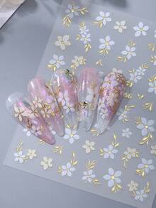 2片裝 3D可愛白色花朵與青銅葉夏季美甲貼紙 金邊設計 白色花卉配金色葉片 自黏式美甲貼紙 美甲沙龍與DIY美甲配件 - 彩色 - 查看 7