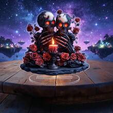 1PC Gothic Skeleton Skull Red Rose Candle 2D Acrylic Standee, Spooky Halloween Table Decor, Creepy Haunted House Desktop Ornament, Dark Horror Scary Goth Home Party Gift - A - View 2