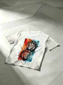 Men's Plus Size Double Lion Colorful Ink Art Print T-Shirt - Multicolor - View 4