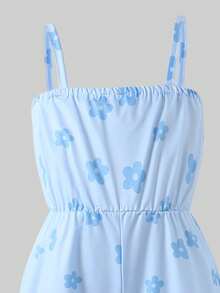 Young Girl Jacquard Textured Cardigan Jacket And Printed Floral Jumpsuit Set, Fashionable Casual Cute Elegant Spring Autumn Winter Outfit - Dusty Blue - View 6