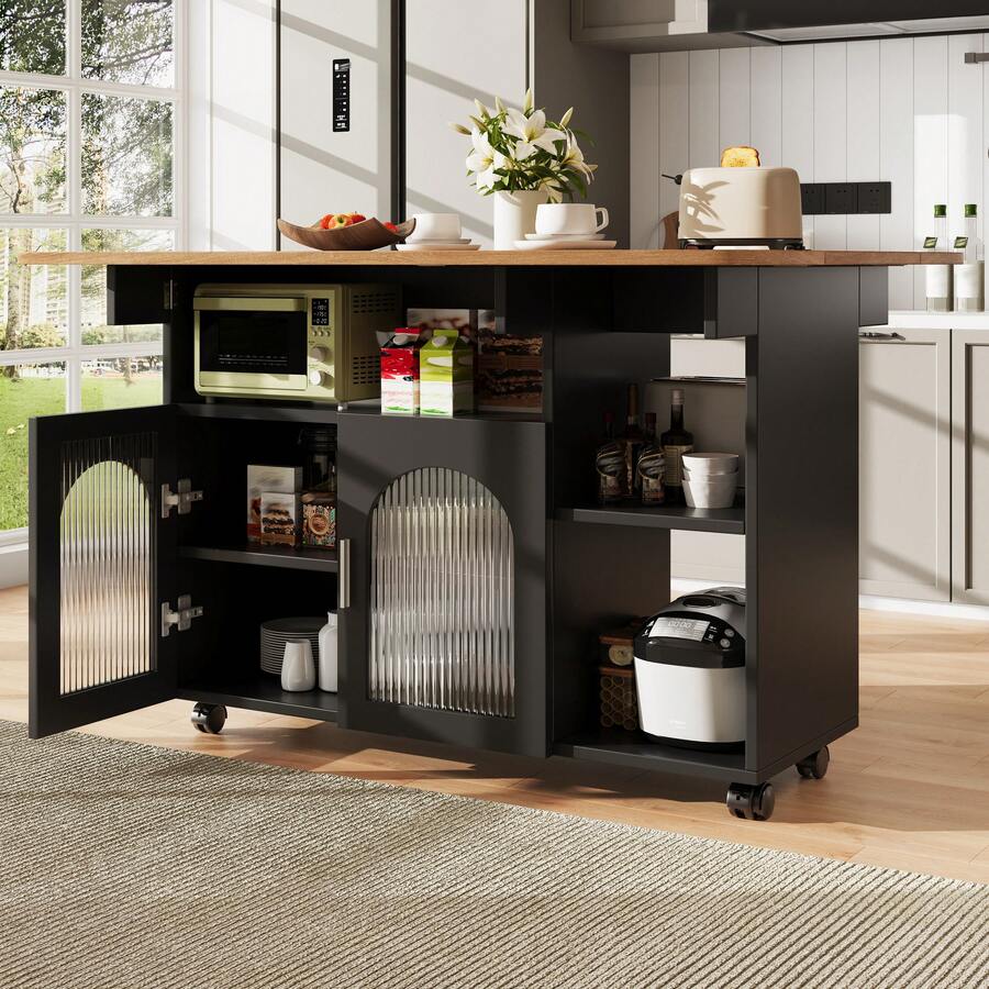 Modern Kitchen Island With Storage And Serving Cart - Black and Natural - View 1