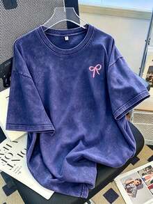Women Vintage Washed Tee, 230G Thick Oversized Crew Neck Short Sleeve, Retro Street Loose Fit Casual Top For Spring Summer Machine Washable Daily Wear - 藍色 - 查看 13