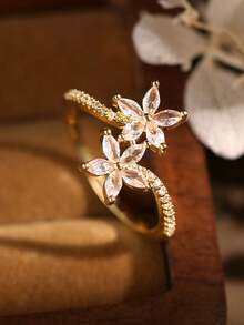 1pc Gold Double Flower Full Cubic Zirconia Ring, Sparkling Marquise Cut Gemstone Jewelry, Suitable For Women's Wedding Party Wear And Gift - Gold - View 3
