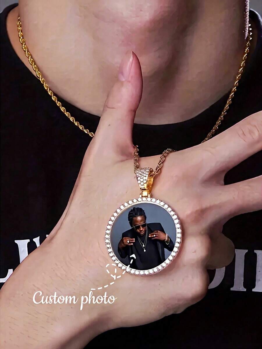 1pc Personalized Photo Necklace, Customizable With Your Photo, Round Photo Pendant With Single-Sided Twisted Chain, Suitable For Wedding Gift, Couples - Multicolor - View 1