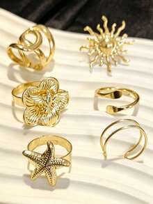 6pcs Adjustable Personalized Flower Sun Star Elegant Women's Ring Set - Gold - View 4