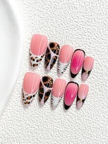 10Pcs Sweet Girl Style Handmade Press On Nail,Polygel Nail Set,Features Leopard Print Elements,Black And White Nail Polish,Personality Style,Includes Nail Tools,3 Sizes Available,Almond,Duck,Coffin Nails For Party,Dance,Daily Wear. - 彩色 - 查看 3
