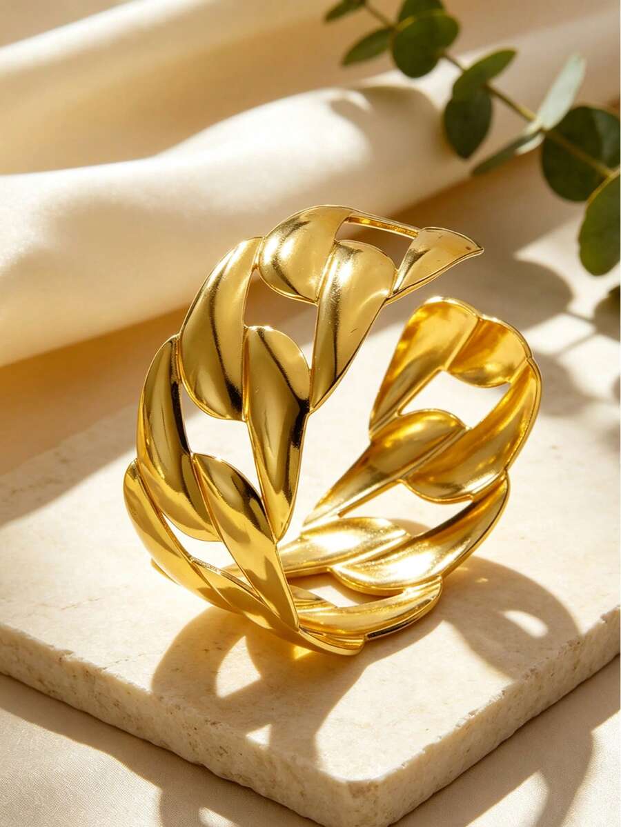 VceTd 1PC Women's Vintage Style Stainless Steel Open Cuff Bracelet With Large Chain Link Twisted Hollow Design, Suitable For Daily Wear, Vacation Or Holiday Gift For Friends - Yellow Gold - View 1
