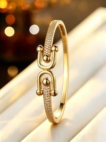 1pc Women's Fashion Double Layer Horseshoe Buckle Bracelet, Fully Embellished With Zirconia, Exquisite Versatile Bracelet, Niche High-End Style For Daily, Party, Commute And Versatile Matching Accessory - Bracelet - View 1