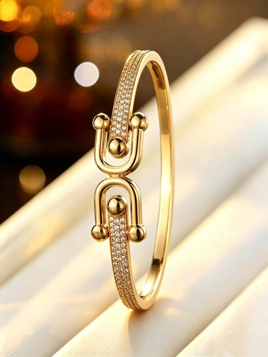1pc Women's Fashion Double Layer Horseshoe Buckle Bracelet, Fully Embellished With Zirconia, Exquisite Versatile Bracelet, Niche High-End Style For Daily, Party, Commute And Versatile Matching Accessory - Bracelet - View 1