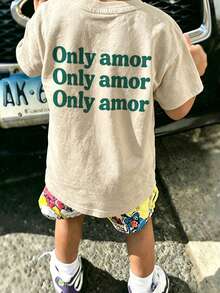 Baby Boy Minimalist Text Graphic T-Shirt, Soft Breathable Casual Summer Top - Apricot - View 2
