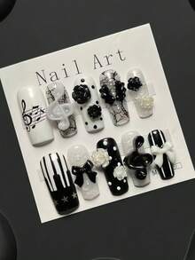 10-Piece Handmade Press On Nails, Medium-Length Rectangular False Nails, 3D Musical Note Nail Art, Y2K Retro Nail Art, 3D Musical Note Rose Bow Crackled Ice Polka Dot Design, Suitable For Daily Commutes, Dates, And The Best Gift For Ladies. - Multicolor - View 2